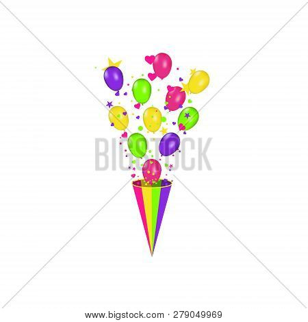 Color Composition Of Vector Realistic Balloons And Colorful Confetti Burstisolated On White Backgrou