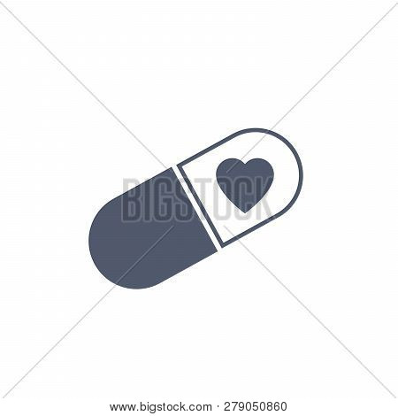Medical Heart Pill Icon. Love Pill Concept. Pharmacy Medicine Drug Symbol. Vector Illustration Isola