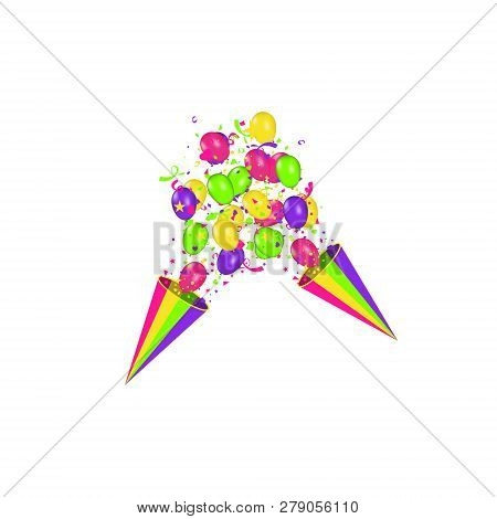 Color Composition Of Vector Realistic Balloons And Colorful Confetti Burstisolated On White Backgrou