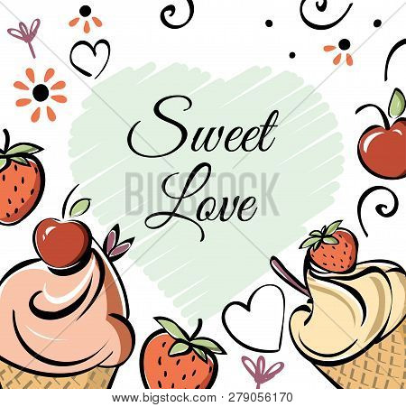 Ice Cream With Strawberry, Cherry Banner. Black White Pink Creame Red Hand Made Drawing For Kids, Ad