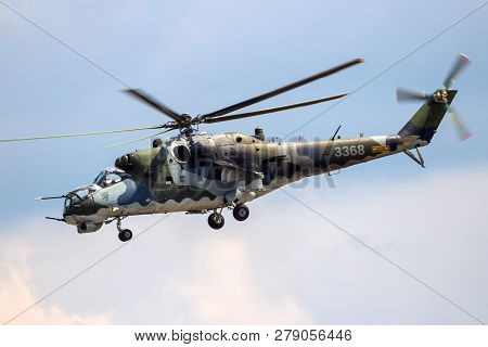 Berlin, Germany - Jun 2, 2016: Czech Air Force Mil Mi-24 Hind Attack Helicopter In Flight During The