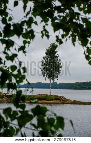 Daugava River Near Koknese. Island With Birch And Boat In Daugava River. Landscape With Birch At Dau