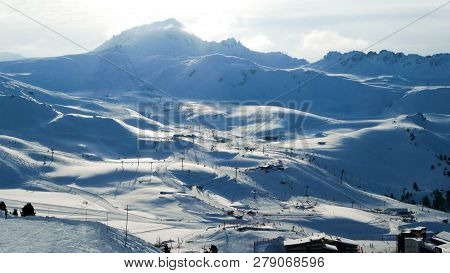 Panoramic View Of The Mountains And A Large Network Of Ski Lifts In Les Arcs, La Plagne, Paradiski, 