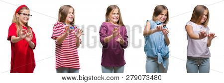 Collage of young beautiful little girl kid over isolated background disgusted expression, displeased and fearful doing disgust face because aversion reaction. With hands raised. Annoying concept.