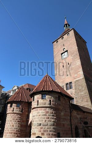 Nuremberg City In Germany (state Of Bavaria). White Tower (weisser Turm). Medieval Landmark.