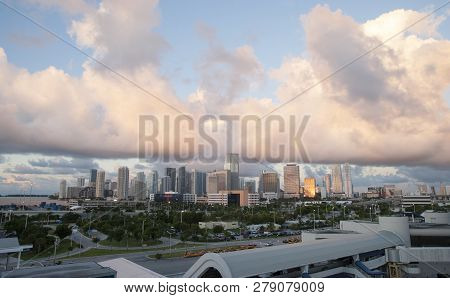 The Panoramic View Of Miami Downtown In A First Morning Light (florida).