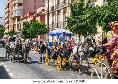 Malaga, Spain - August 11, 2018. Feria De Malaga Is An Annual Event That Takes Place In Mid-august A