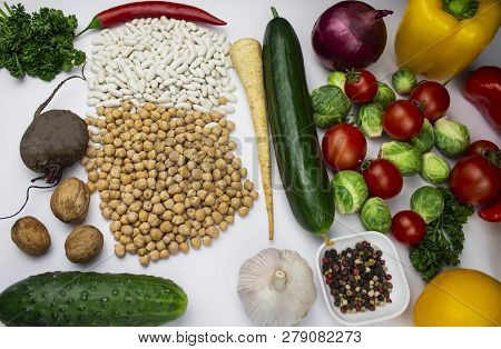 Seasonal Vegetables - Broccoli, Bell Peppers, Tomatoes, Onions, Garlic With Spices And Herbs. Ingred