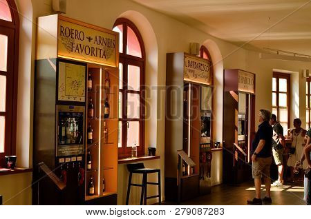 Barolo, Piedmont, Italy. July 2018. At The Shop And Wine Tasting At The Foot Of The Castle