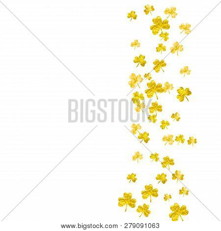 Clover Background For Saint Patricks Day. Lucky Trefoil Confetti. Glitter Frame Of Shamrock Leaves. 