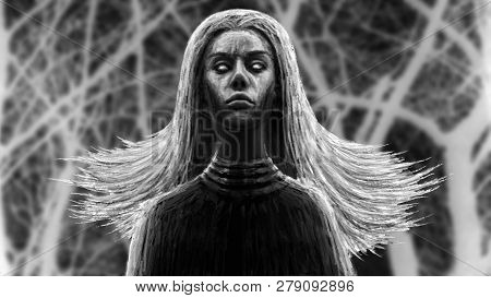 Black Shaman Woman. Fantasy Illustration. Black And White Color