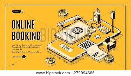 Booking Tickets, Reserving Hotel Room Online Service Isometric Vector Web Banner, Landing Page. Pass