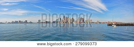 Boston Skyline And Custom House Panorama From East Boston, Massachusetts, Usa.