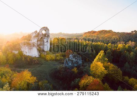 A Panoramic View Of The Unique Okiennik Rock In Poland With A Large Natural Window