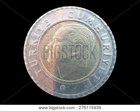 Macro Closeup Of Back Side One Turkish Coin Fifty Kurus Money With Portrait Of First President Atatu