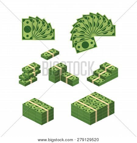 Various Money Bills Dollar Cash Paper Bank Notes Vector Set. Money Cash Heap. Vector Stock Illustrat