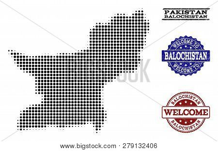 Welcome Combination Of Halftone Map Of Balochistan Province And Rubber Watermarks. Halftone Map Of B