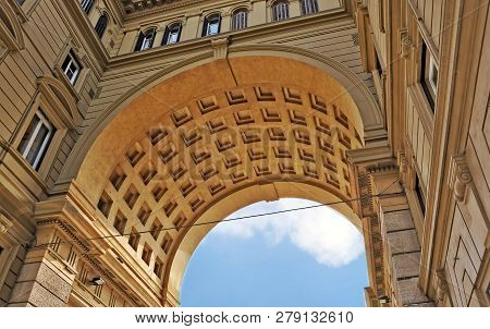 Arcone Triumphal Arch At The Republic Square In Florence, Italy. The Arch Was Built In 1895. Old Cit