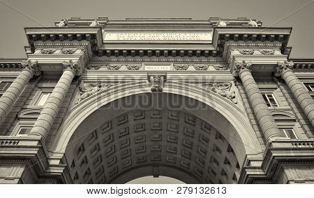 Arcone Triumphal Arch With Inscription On The Top At The Republic Square In Florence, Italy. 1895. I