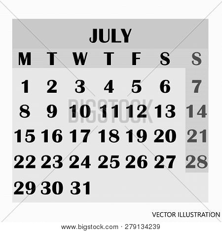 Calendar Design Month July 2019. Year 2019 Calendar. Simple Design For Calendar 2019. Calendar For O