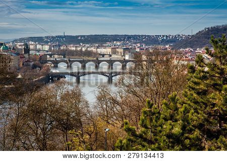 Prague City Seen From The Letna Hill In A Beautiful Early Spring Day