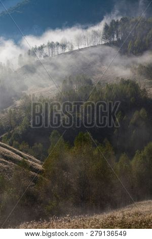 foggy summer landscape in the mountains, Salciua, Romania