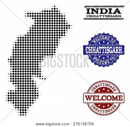 Welcome Collage Of Halftone Map Of Chhattisgarh State And Grunge Seals. Halftone Map Of Chhattisgarh