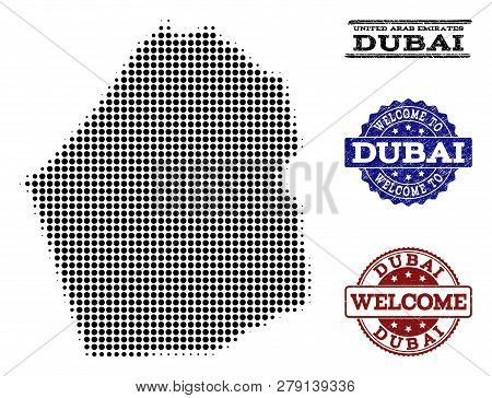 Welcome Collage Of Halftone Map Of Dubai Emirate And Rubber Seals. Halftone Map Of Dubai Emirate Con