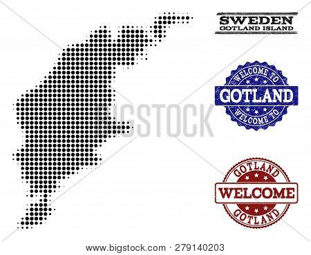 Welcome Collage Of Halftone Map Of Gotland Island And Corroded Seals. Halftone Map Of Gotland Island