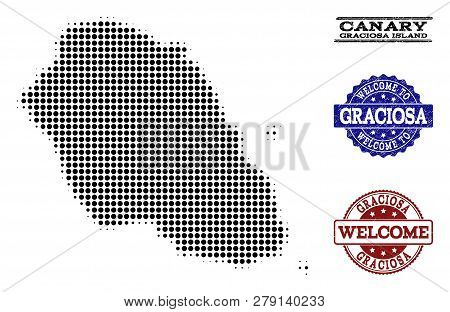 Welcome Composition Of Halftone Map Of Graciosa Island And Rubber Watermarks. Halftone Map Of Gracio