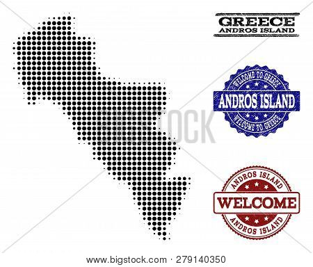 Welcome Composition Of Halftone Map Of Greece - Andros Island And Rubber Seals. Halftone Map Of Gree
