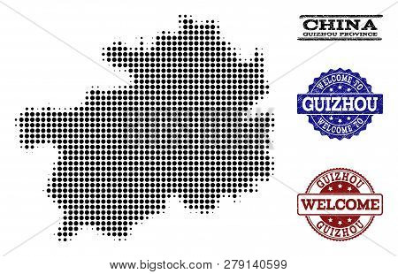 Welcome Combination Of Halftone Map Of Guizhou Province And Scratched Stamps. Halftone Map Of Guizho