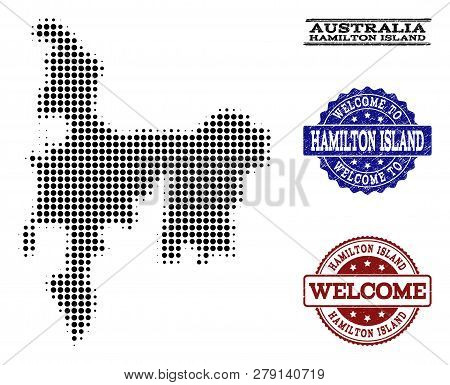 Welcome Combination Of Halftone Map Of Hamilton Island And Rubber Watermarks. Halftone Map Of Hamilt