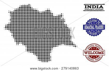 Welcome Collage Of Halftone Map Of Himachal Pradesh State And Rubber Watermarks. Halftone Map Of Him