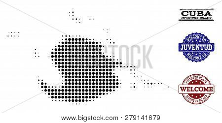 Welcome Composition Of Halftone Map Of Juventud Island And Rubber Watermarks. Halftone Map Of Juvent