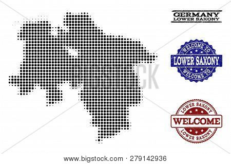 Welcome Collage Of Halftone Map Of Lower Saxony State And Textured Watermarks. Halftone Map Of Lower