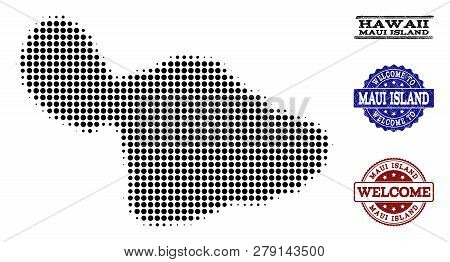 Welcome Composition Of Halftone Map Of Maui Island And Rubber Seals. Halftone Map Of Maui Island Con