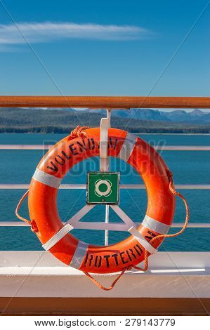 September 14, 2018 - Inside Passage, Alaska: Orange Lifering On Cruise Ship.