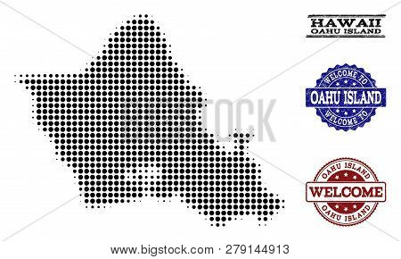 Welcome Combination Of Halftone Map Of Oahu Island And Rubber Seals. Halftone Map Of Oahu Island Con