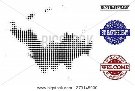 Welcome Combination Of Halftone Map Of Saint Barthelemy And Rubber Seals. Halftone Map Of Saint Bart