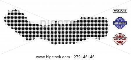 Welcome Composition Of Halftone Map Of Sao Miguel Island And Grunge Seals. Halftone Map Of Sao Migue