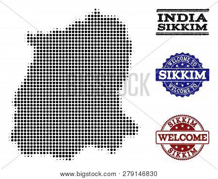 Welcome Composition Of Halftone Map Of Sikkim State And Rubber Seals. Halftone Map Of Sikkim State D