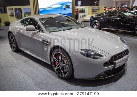 Nonthaburi, Thailand - December 4, 2018: Aston Matin V8 Vantage S Coupe Presented In Motor Expo 2018