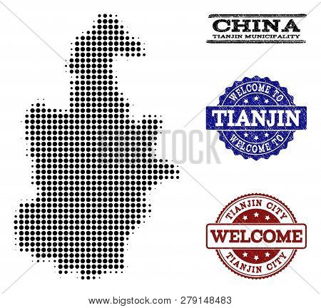 Welcome Combination Of Halftone Map Of Tianjin Municipality And Rubber Stamps. Halftone Map Of Tianj