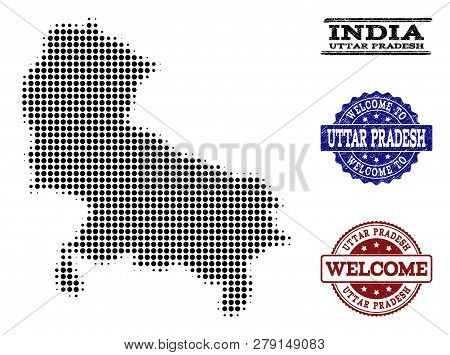 Welcome Composition Of Halftone Map Of Uttar Pradesh State And Rubber Watermarks. Halftone Map Of Ut