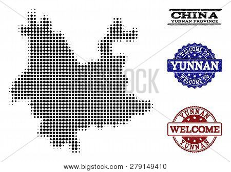 Welcome Composition Of Halftone Map Of Yunnan Province And Corroded Seal Stamps. Halftone Map Of Yun