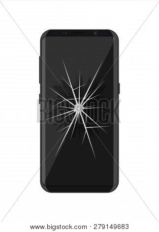 Smartphone With Cracked Screen. Damaged Display. Broken Glass Touchscreen Phone. Vector Illustration