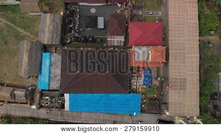 Aerial Photo Of Balinese Houses During The Big Celebration. Bali Ceremony In Village, Ubud. Roofs Of