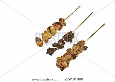 Roasted Pork And Innards With Chicken Liver Stab In Wooden Stick On White Background