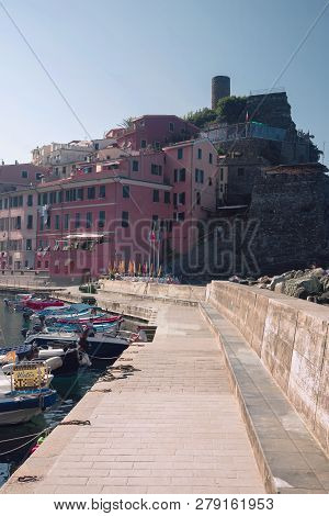 Vernazza, Italy, La Specia Province, Liguria Regione, 08 August, 2018: View Of The Old Port At Doria